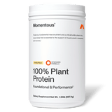 A white container of Momentous 100% Plant Protein Powder, vanilla flavor, NSF Certified for Sport, with a complete amino acid profile, labeled as a dietary supplement and net weight of 1.54 lb (697.4g).