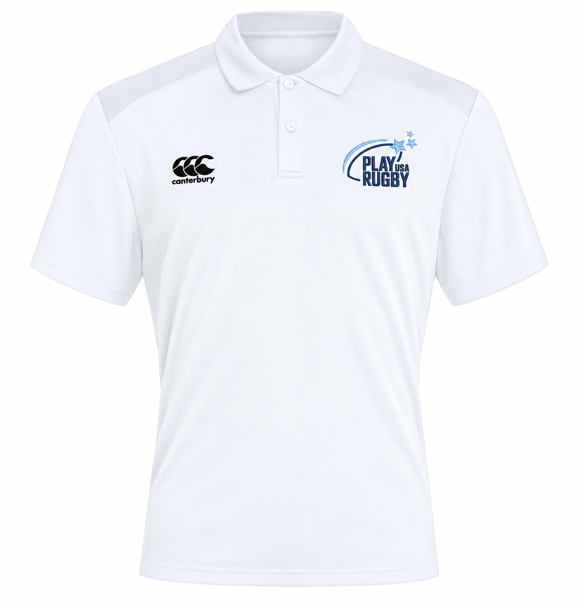 White Play Rugby USA Club Dry Polo by Canterbury with a three-button placket, featuring a brand logo on the right chest and a Play Rugby USA logo on the left chest.