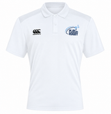 White Play Rugby USA Club Dry Polo by Canterbury with a three-button placket, featuring a brand logo on the right chest and a Play Rugby USA logo on the left chest.
