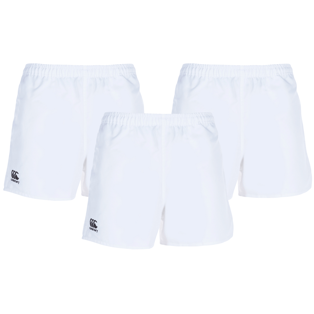 The Bundle Canterbury 3-Pack includes white Professional Polyester Shorts with an elastic waistband and a small black logo on the left leg, perfect for rugby or any athletic activity.