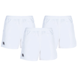 The Bundle Canterbury 3-Pack includes white Professional Polyester Shorts with an elastic waistband and a small black logo on the left leg, perfect for rugby or any athletic activity.