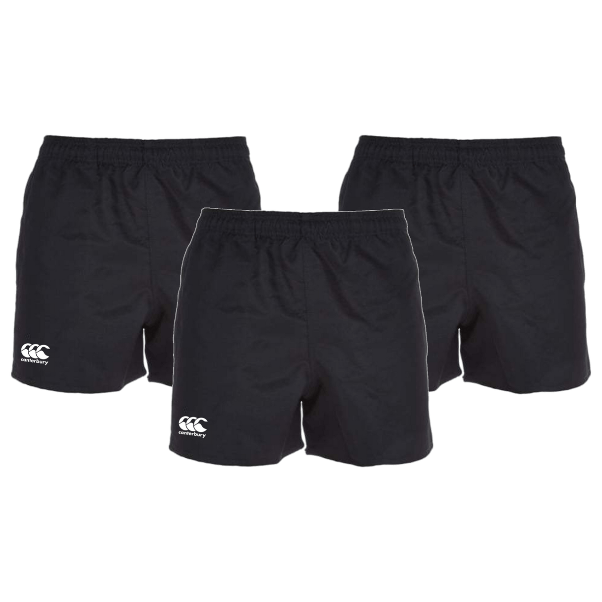 Three pairs from the Canterbury Professional Polyester Short 3-Pack Bundle by Bundle Canterbury, featuring an embroidered logo on the lower left side, are displayed against a white background.