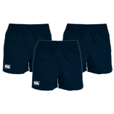The Canterbury Professional Polyester Short 3-Pack Bundle, from Bundle Canterbury, is shown on a white backdrop. Each black short features a white logo on the left leg. Perfect for enthusiasts, these versatile shorts emulate professional rugby shorts in both style and function.