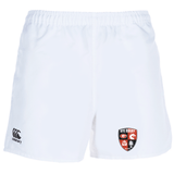 White rugby shorts with an elasticated waistband, brand logos, and club emblem - Rye High School Rugby Professional Polyester Rugby Short by EMB Canterbury