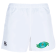 White Rugby Oklahoma Player's Drill Short by EMB Canterbury, made from recycled fabric, featuring a logo on the left and a Rugby World Cup emblem on the right.