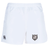 White Troy University Rugby Player's Drill Short by EMB Canterbury made of recycled fabric, featuring logo prints including a Canterbury logo on the left leg and a coat of arms on the right.