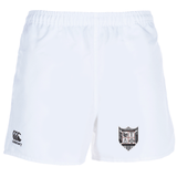 White Troy University Rugby Player's Drill Short by EMB Canterbury made of recycled fabric, featuring logo prints including a Canterbury logo on the left leg and a coat of arms on the right.