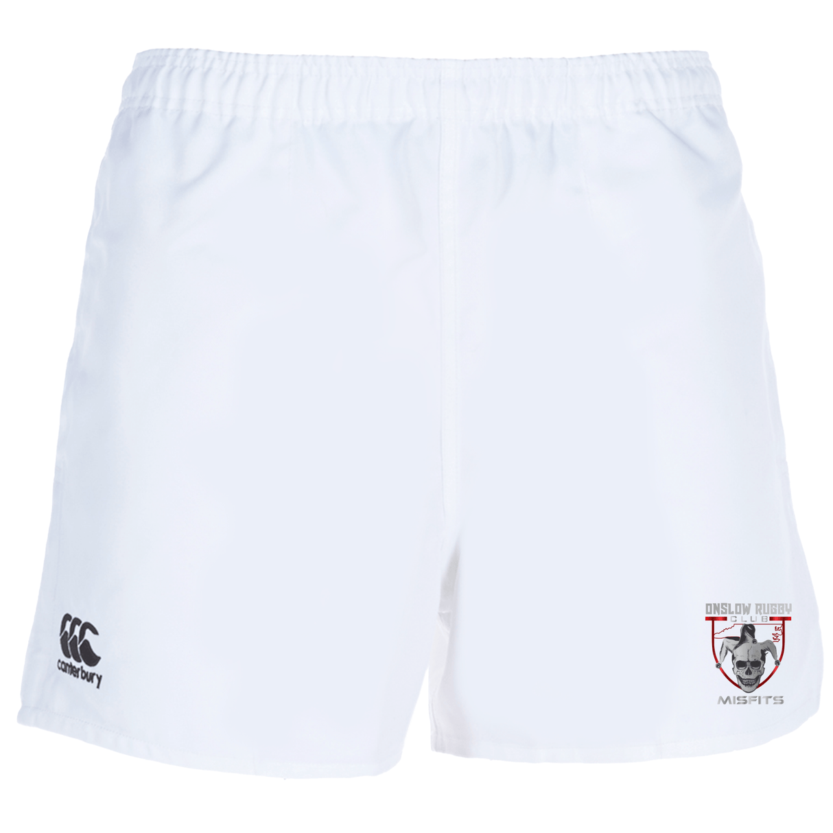 White Onslow Rugby Misfits Professional Polyester Rugby Shorts with an EMB Canterbury logo on the left and an ensians rufc misfits logo on the right leg.
