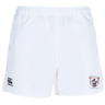 White Onslow Rugby Misfits Professional Polyester Rugby Shorts with an EMB Canterbury logo on the left and an ensians rufc misfits logo on the right leg.