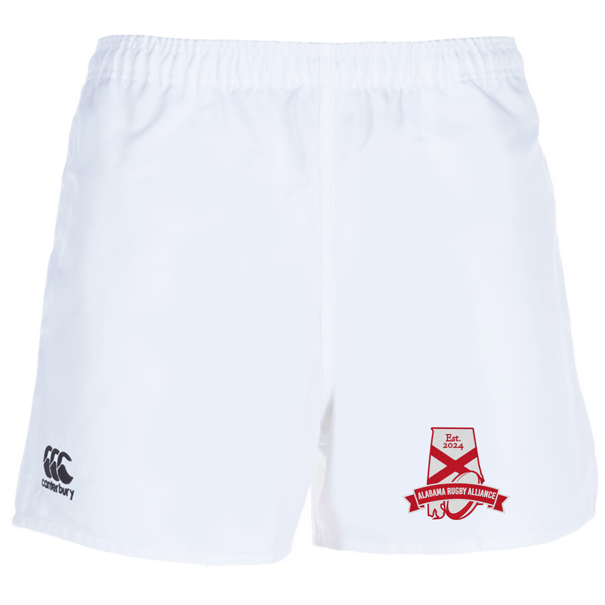 Alabama Rugby Alliance Professional Polyester Rugby Short with an elasticated waistband and EMB Canterbury logo on the left, isolated on a white background.