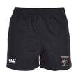 Black Onslow Rugby Misfits Professional Polyester rugby shorts with elasticated waistband, featuring a logo on the left hem and "misfits" with an emblem on the right hem by EMB Canterbury.