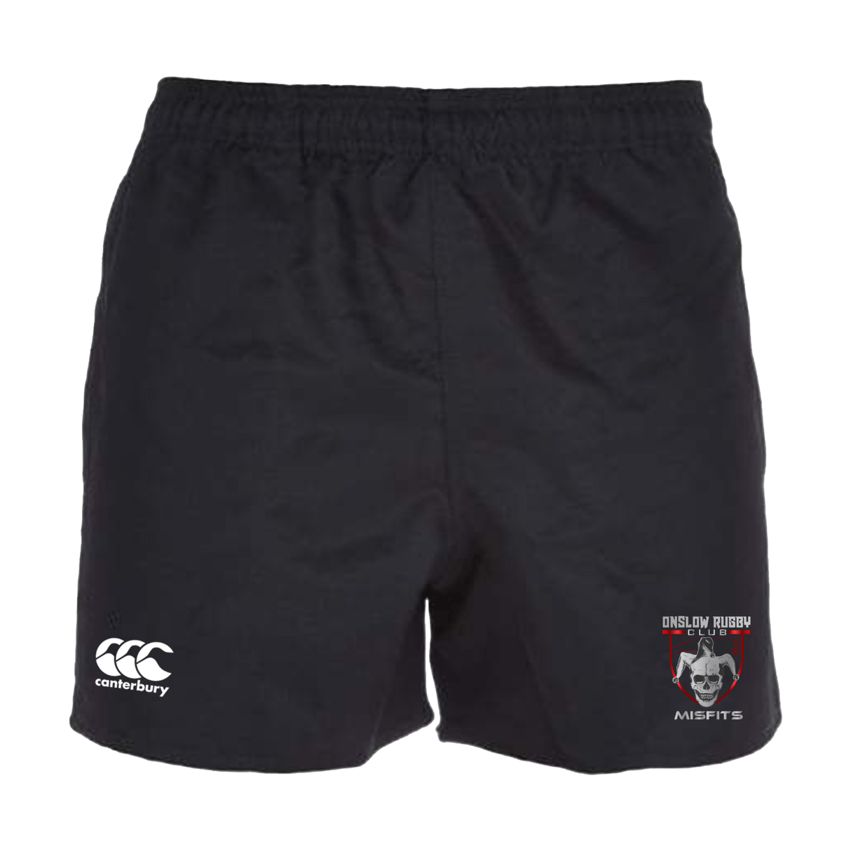 Black Onslow Rugby Misfits Professional Polyester rugby shorts with elasticated waistband, featuring a logo on the left hem and "misfits" with an emblem on the right hem by EMB Canterbury.