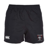 Black Onslow Rugby Misfits Professional Polyester rugby shorts with elasticated waistband, featuring a logo on the left hem and "misfits" with an emblem on the right hem by EMB Canterbury.