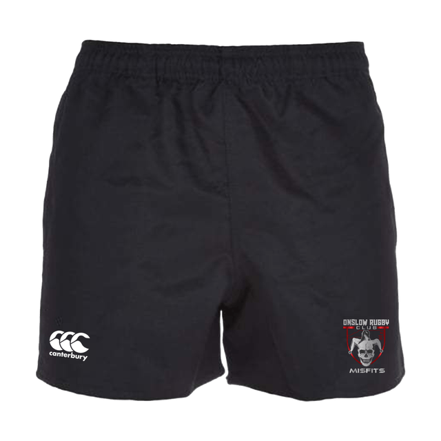Black Onslow Rugby Misfits Professional Polyester rugby shorts with elasticated waistband, featuring a logo on the left hem and "misfits" with an emblem on the right hem by EMB Canterbury.