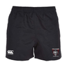 Black Onslow Rugby Misfits Professional Polyester rugby shorts with elasticated waistband, featuring a logo on the left hem and "misfits" with an emblem on the right hem by EMB Canterbury.