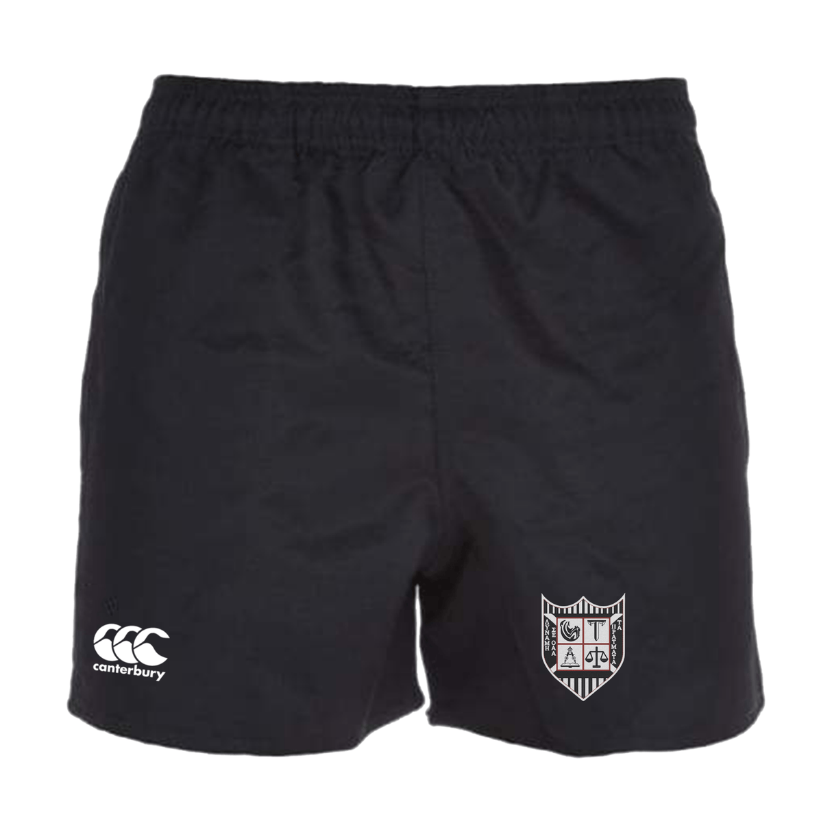 Troy University Rugby Player's Drill Short by EMB Canterbury sports shorts with an embroidered logo on the left and a shield emblem on the right leg.
