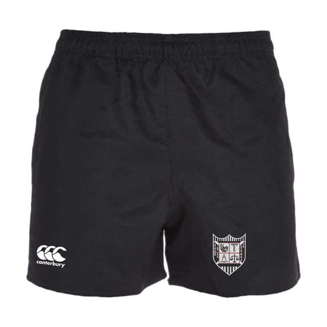 Troy University Rugby Player's Drill Short by EMB Canterbury sports shorts with an embroidered logo on the left and a shield emblem on the right leg.