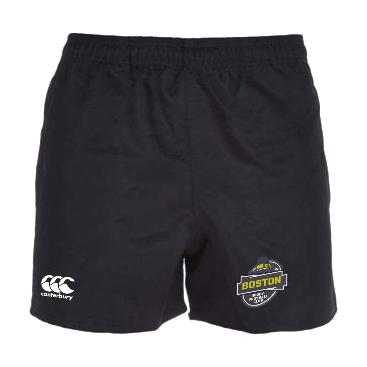 Black Boston RFC Professional Polyester Rugby Shorts with an EMB Canterbury logo on the right leg and the Canterbury logo on the left leg, displayed on a white background.