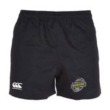 Black Boston RFC Professional Polyester Rugby Shorts with an EMB Canterbury logo on the right leg and the Canterbury logo on the left leg, displayed on a white background.