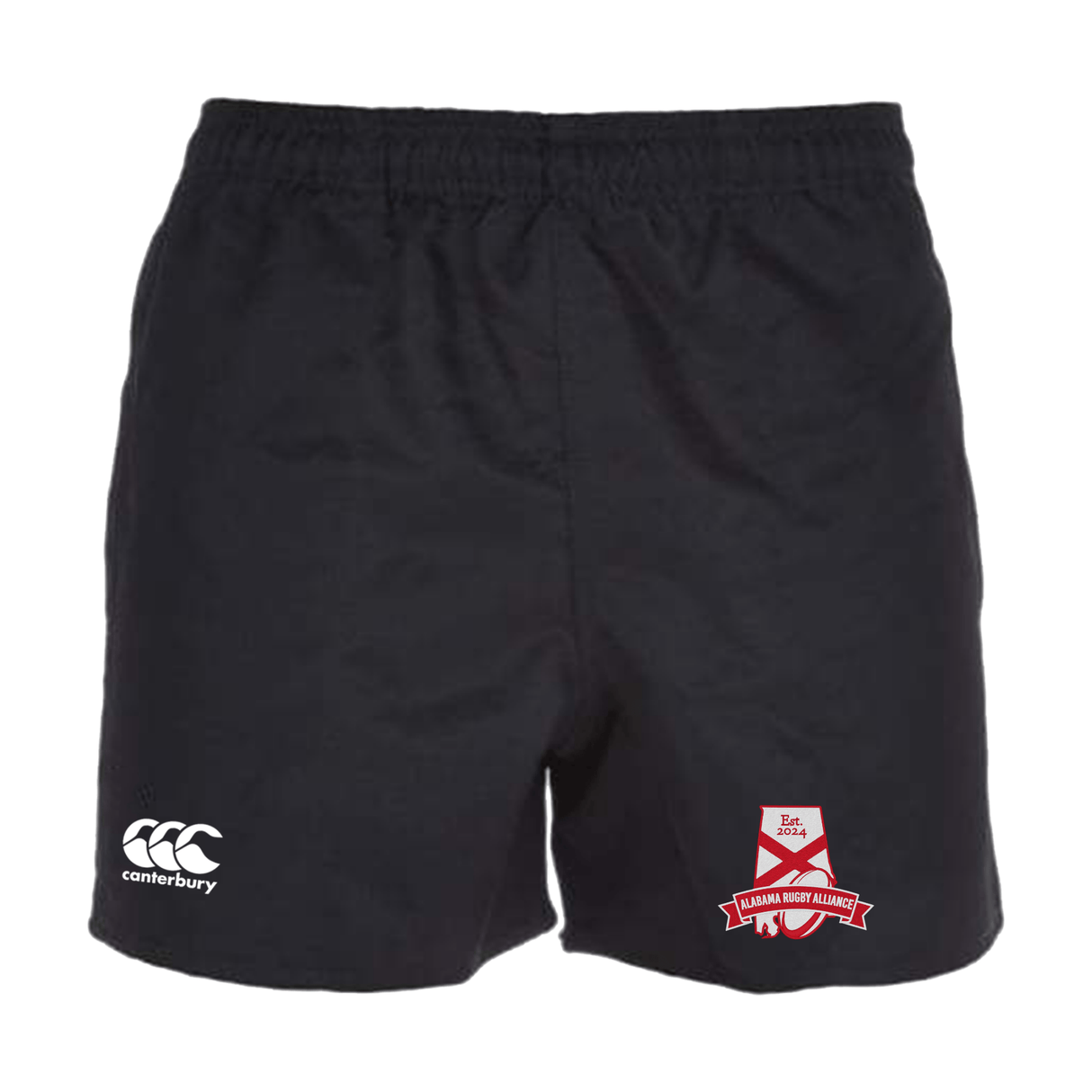 Black Alabama Rugby Alliance Professional Polyester rugby shorts with an elasticated waistband and logos of EMB Canterbury and team Loughborough volleyball on the left thigh.