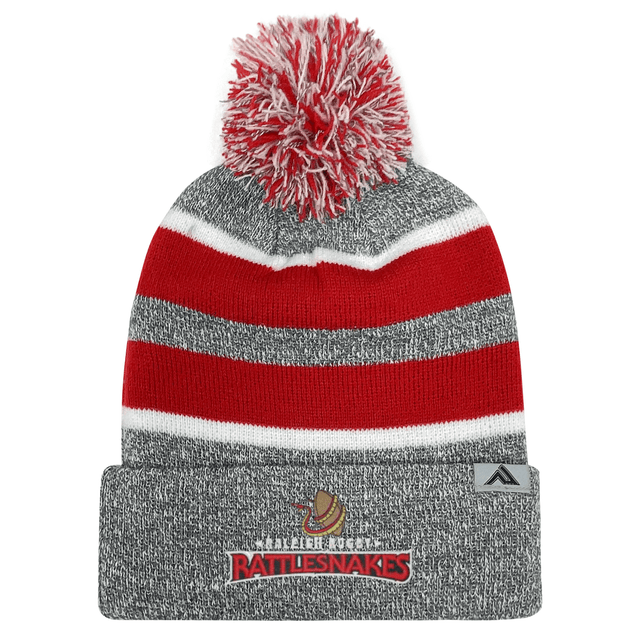 A Raleigh Rattlesnakes Rugby Knit Pom-Pom Beanie with a red and white pom made by EMB Augusta Sportswear.