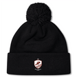 The West Potomac RFC Pom Pom Beanie by EMB Canterbury is a black, fleece-lined knit hat featuring a pom-pom on top and a red and white West Potomac Rugby logo on the front cuff.