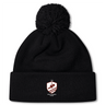The West Potomac RFC Pom Pom Beanie by EMB Canterbury is a black, fleece-lined knit hat featuring a pom-pom on top and a red and white West Potomac Rugby logo on the front cuff.
