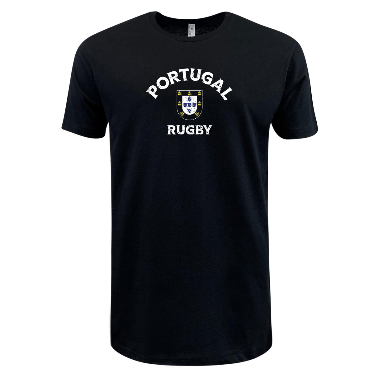 A black tee that says Nations of Rugby Portugal Rugby Supersoft Tee by WRS LAT.