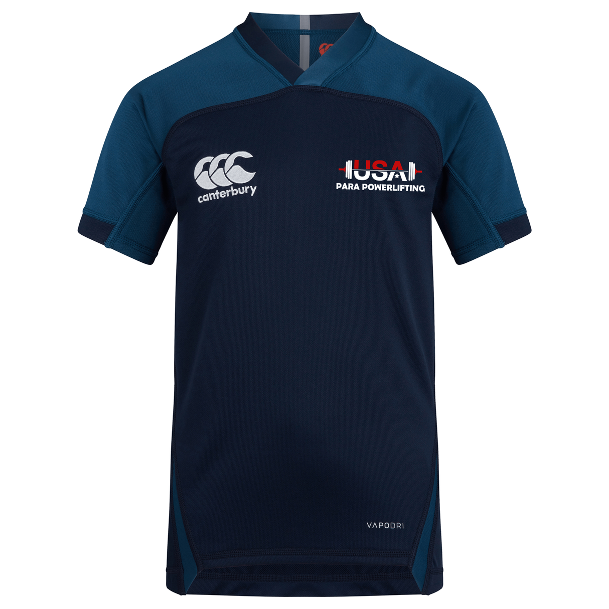 The USA Para Powerlifting Vapodri Evader Jersey by EMB Canterbury features moisture-wicking technology, "USAPL Para Powerlifting" on the left chest, and a Canterbury logo on the right.