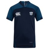 The Milwaukee Barbarians Rugby Vapodri Evader Jersey by EMB Canterbury is a navy and blue short-sleeved rugby top, featuring Canterbury and team crest logos, "Vapodri" text near the hem, and advanced moisture-wicking for on-field comfort.