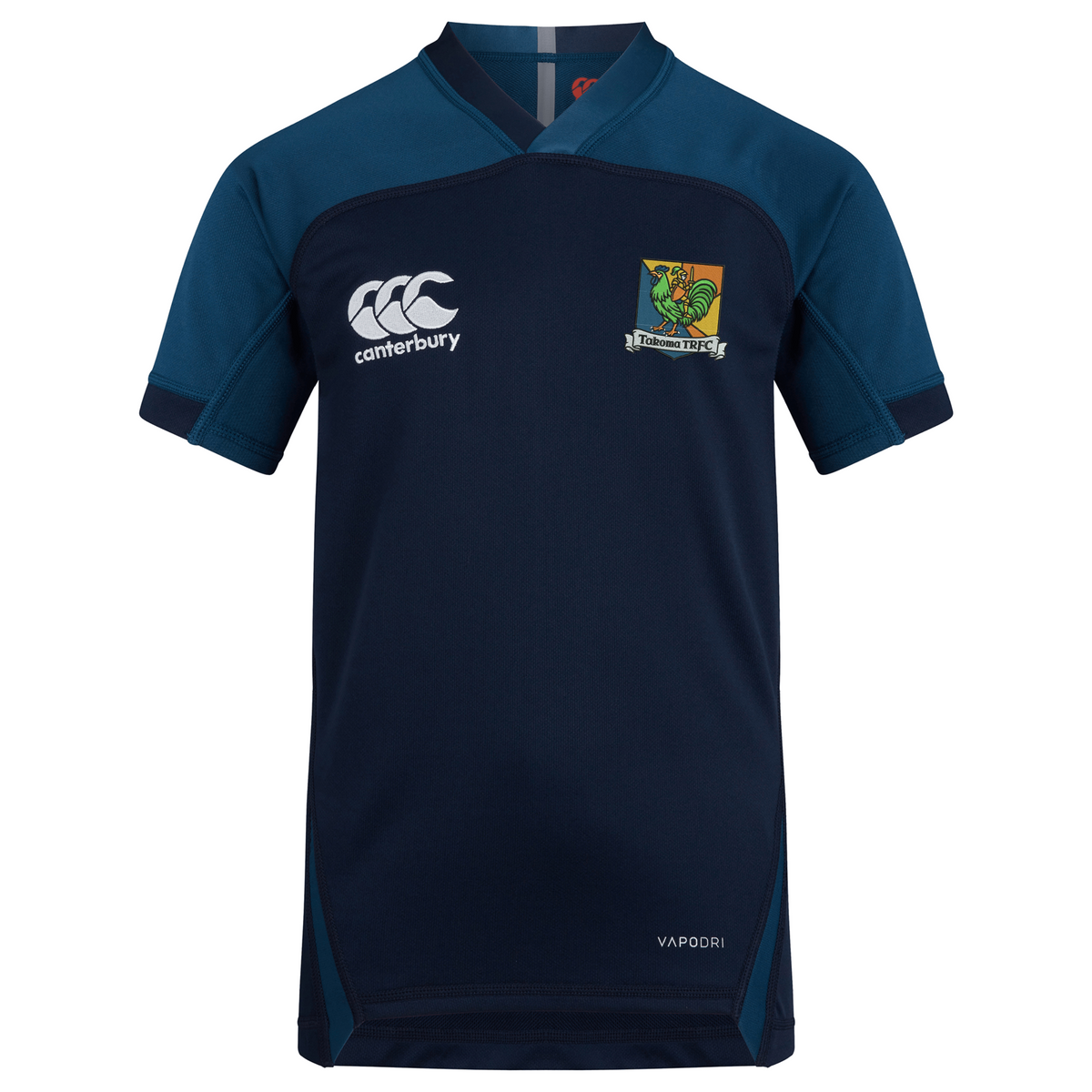 Short-sleeved navy and blue Takoma Touch Rugby Vapodri Evader Jersey by Canterbury featuring a rooster team crest on the chest.