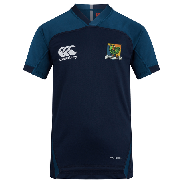 Short-sleeved navy and blue Takoma Touch Rugby Vapodri Evader Jersey by Canterbury featuring a rooster team crest on the chest.