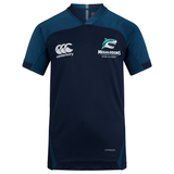 The NC Rugby Academy - Megalodons Vapodri Evader Jersey by EMB Canterbury features navy blue, short sleeves, crew neck, moisture-wicking fabric, and "Canterbury" plus "Megalodons Rugby Academy" logos on the chest.