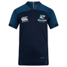 The NC Rugby Academy - Megalodons Vapodri Evader Jersey by EMB Canterbury features navy blue, short sleeves, crew neck, moisture-wicking fabric, and "Canterbury" plus "Megalodons Rugby Academy" logos on the chest.