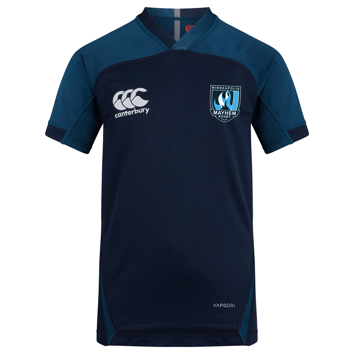 Royal blue and navy EMB Canterbury Minneapolis Mayhem Rugby Vapodri Evader Jersey featuring the classic Canterbury logo, Minneapolis Mayhem team crest, “VapoDri” label on the front, and advanced moisture-wicking technology for optimal comfort both on and off the field.