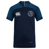 Navy and teal short-sleeve Saint Anselm College Club Rugby Vapodri Evader Jersey by EMB Canterbury, featuring white college logos on the chest and moisture-wicking technology for optimal comfort.