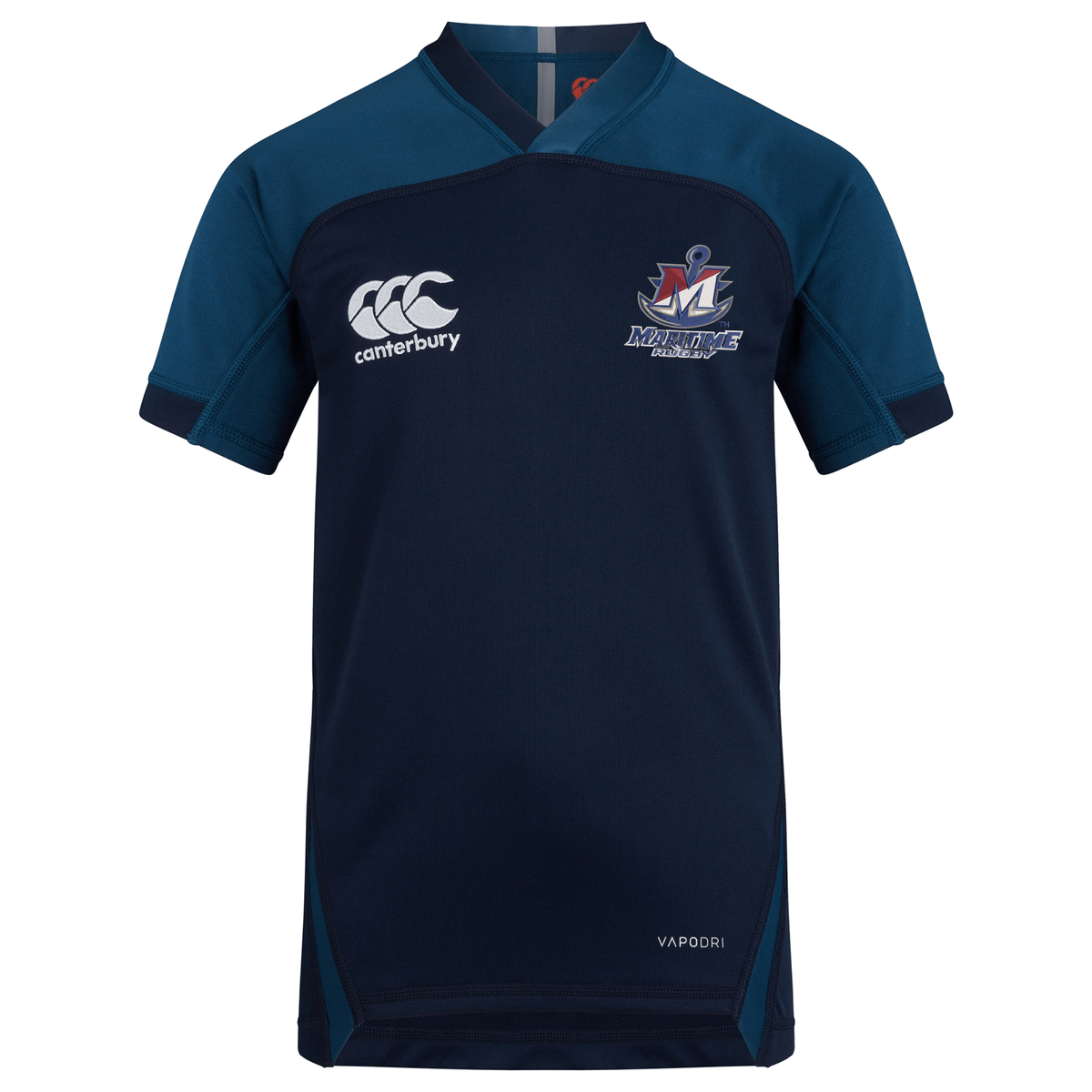 SUNY Maritime Men’s Rugby Vapodri Evader Jersey by Canterbury, a short-sleeve navy blue V-neck with a logo on the left chest and a brand mark on the right chest.