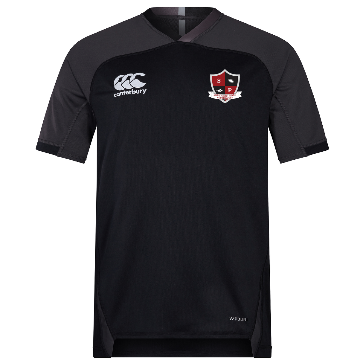 The Southern Pines Youth Rugby Vapodri Evader Jersey by EMB Canterbury is a black short-sleeve jersey featuring the Canterbury logo on the right and a shield emblem on the left. Designed with VapoDri technology, it keeps you cool and dry.