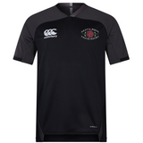 The Santa Rosa Youth Rugby Vapodri Evader Jersey by EMB Canterbury is a black and dark gray short-sleeve jersey featuring advanced moisture-wicking technology (Vapodri), the iconic EMB Canterbury logo, and a Santa Rosa Youth Rugby emblem with a red rose on the chest.