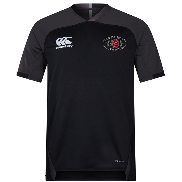 The Santa Rosa Youth Rugby Vapodri Evader Jersey by EMB Canterbury is a black and dark gray short-sleeve jersey featuring advanced moisture-wicking technology (Vapodri), the iconic EMB Canterbury logo, and a Santa Rosa Youth Rugby emblem with a red rose on the chest.