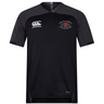 The Santa Rosa Youth Rugby Vapodri Evader Jersey by EMB Canterbury is a black and dark gray short-sleeve jersey featuring advanced moisture-wicking technology (Vapodri), the iconic EMB Canterbury logo, and a Santa Rosa Youth Rugby emblem with a red rose on the chest.