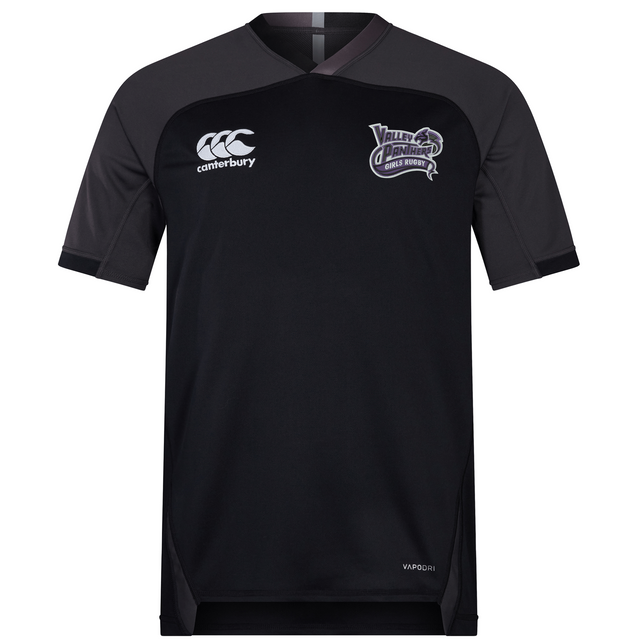 The Valley Panthers Girls Rugby Vapodri Evader Jersey by EMB Canterbury is a black, short-sleeved performance rugby shirt featuring the Valley Panthers Girls Rugby logo on the chest, a Canterbury brand logo, and subtle dark gray shoulder panels. Designed with moisture-wicking Vapodri technology for high performance both on and off the field.