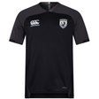 The South Orange County Raptors Vapodri Evader Jersey by EMB Canterbury is a short-sleeved black rugby jersey with grey shoulders, featuring a white EMB Canterbury logo on the chest and a crest with a bird and text on the upper right side. Designed with moisture-wicking Vapodri technology, this jersey keeps you comfortable during intense matches.