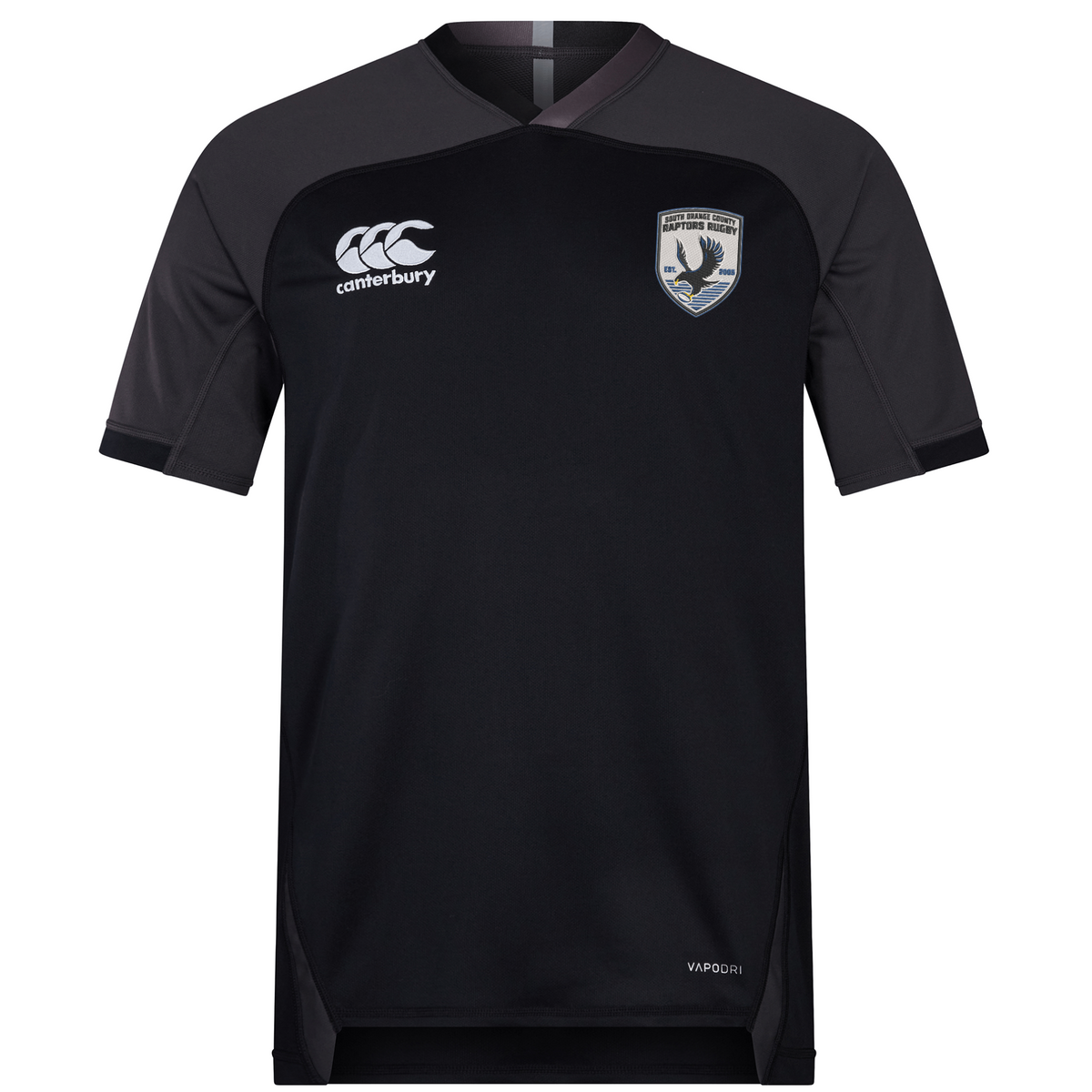The South Orange County Raptors Vapodri Evader Jersey by EMB Canterbury is a short-sleeved black rugby jersey with grey shoulders, featuring a white EMB Canterbury logo on the chest and a crest with a bird and text on the upper right side. Designed with moisture-wicking Vapodri technology, this jersey keeps you comfortable during intense matches.