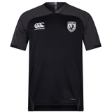 The South Orange County Raptors Vapodri Evader Jersey by EMB Canterbury is a short-sleeved black rugby jersey with grey shoulders, featuring a white EMB Canterbury logo on the chest and a crest with a bird and text on the upper right side. Designed with moisture-wicking Vapodri technology, this jersey keeps you comfortable during intense matches.