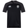 The South Orange County Raptors Vapodri Evader Jersey by EMB Canterbury is a short-sleeved black rugby jersey with grey shoulders, featuring a white EMB Canterbury logo on the chest and a crest with a bird and text on the upper right side. Designed with moisture-wicking Vapodri technology, this jersey keeps you comfortable during intense matches.