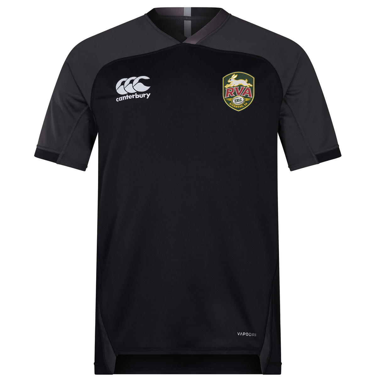The RVA T.R.C. Vapodri Evader Jersey by Canterbury is a black short-sleeve sports rugby jersey featuring the EMB Canterbury logo on the right chest and the RVA crest on the left chest, with “Vapodri” text on the lower front. Designed with advanced moisture-wicking technology, this jersey keeps you cool and dry during intense activity.