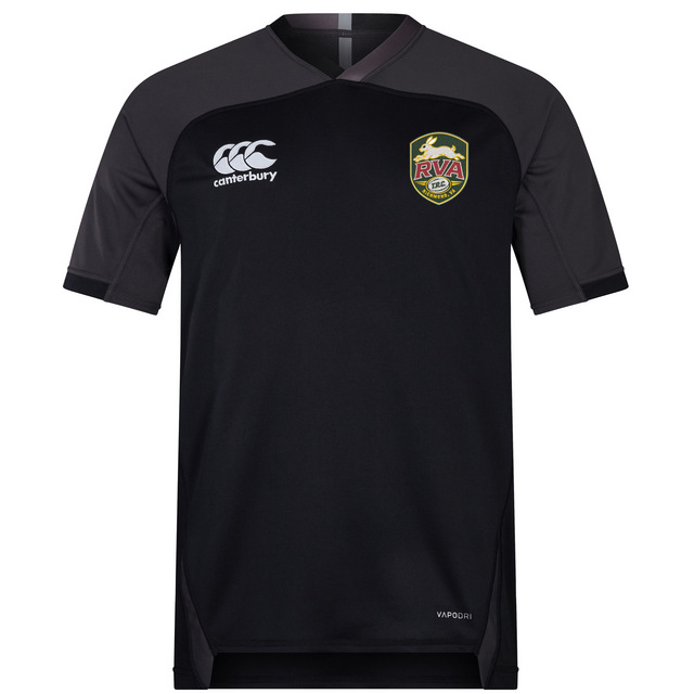The RVA T.R.C. Vapodri Evader Jersey by Canterbury is a black short-sleeve sports rugby jersey featuring the EMB Canterbury logo on the right chest and the RVA crest on the left chest, with “Vapodri” text on the lower front. Designed with advanced moisture-wicking technology, this jersey keeps you cool and dry during intense activity.