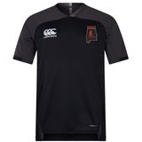 Black Aging Alabama Rugby Players Vapodri Evader Jersey by Canterbury featuring an Alabama state outline logo with an AARP hockey player graphic.