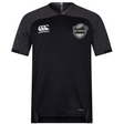 Short-sleeved black ICRON Vapodri Evader Jersey by Canterbury with a V-neck, featuring a logo on the left chest and “VAPODRI” branding on the bottom hem.